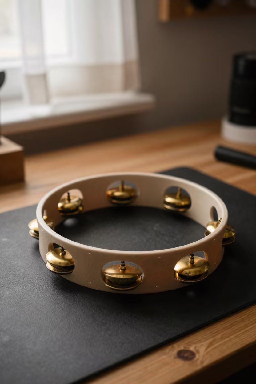 Tambourine on Mat in Rason Studio Morning Light in on a wooden workbench in Rason