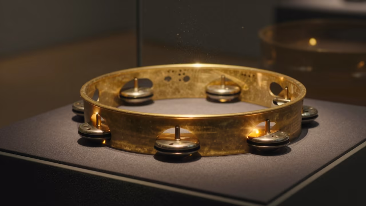 Tambourine on Plinth in Warm Candlelight in on a museum plinth in Incheon