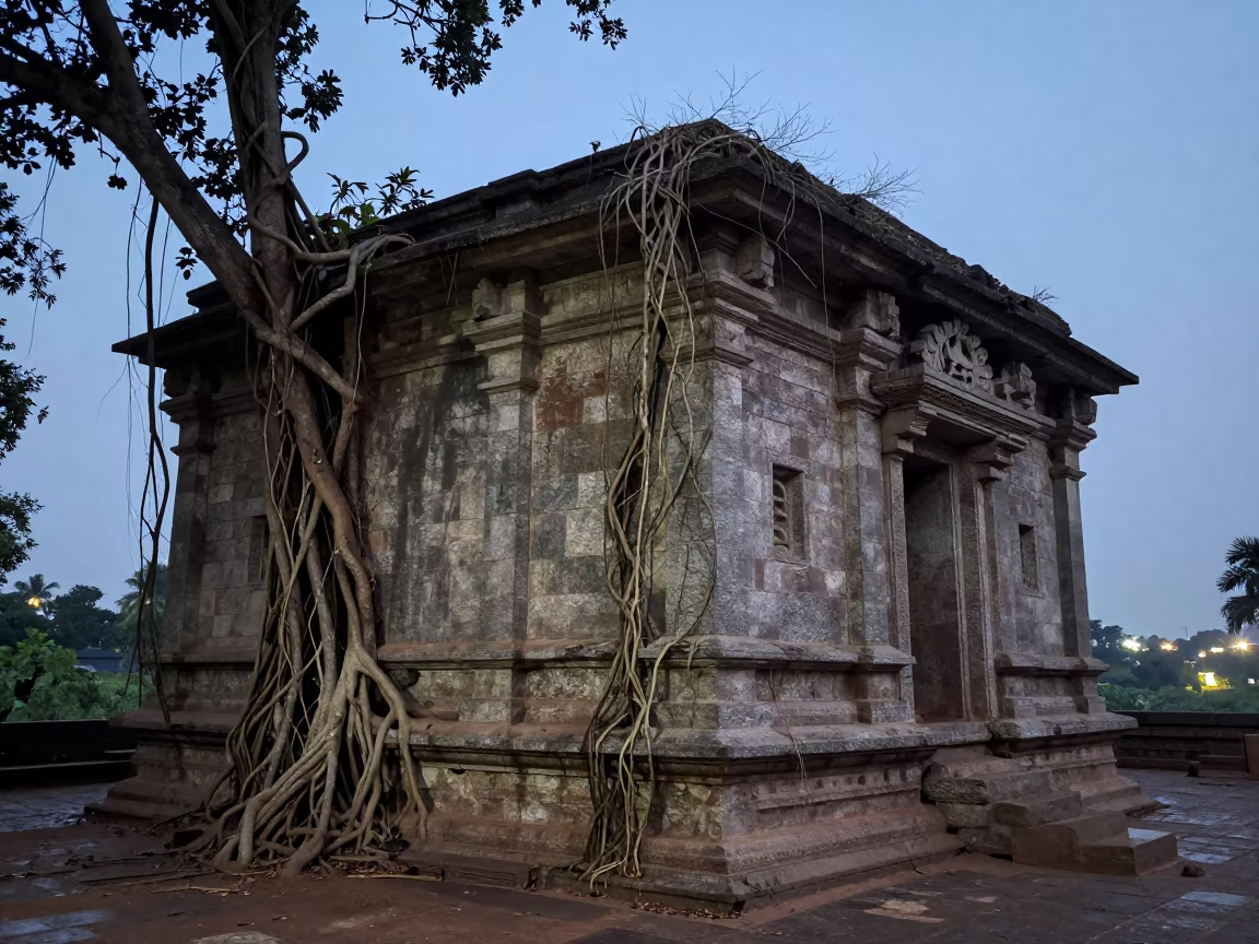 Tamil Nadu Chapel Ruin Reclaimed by Roots in along a vine-choked corridor in Tamil Nadu