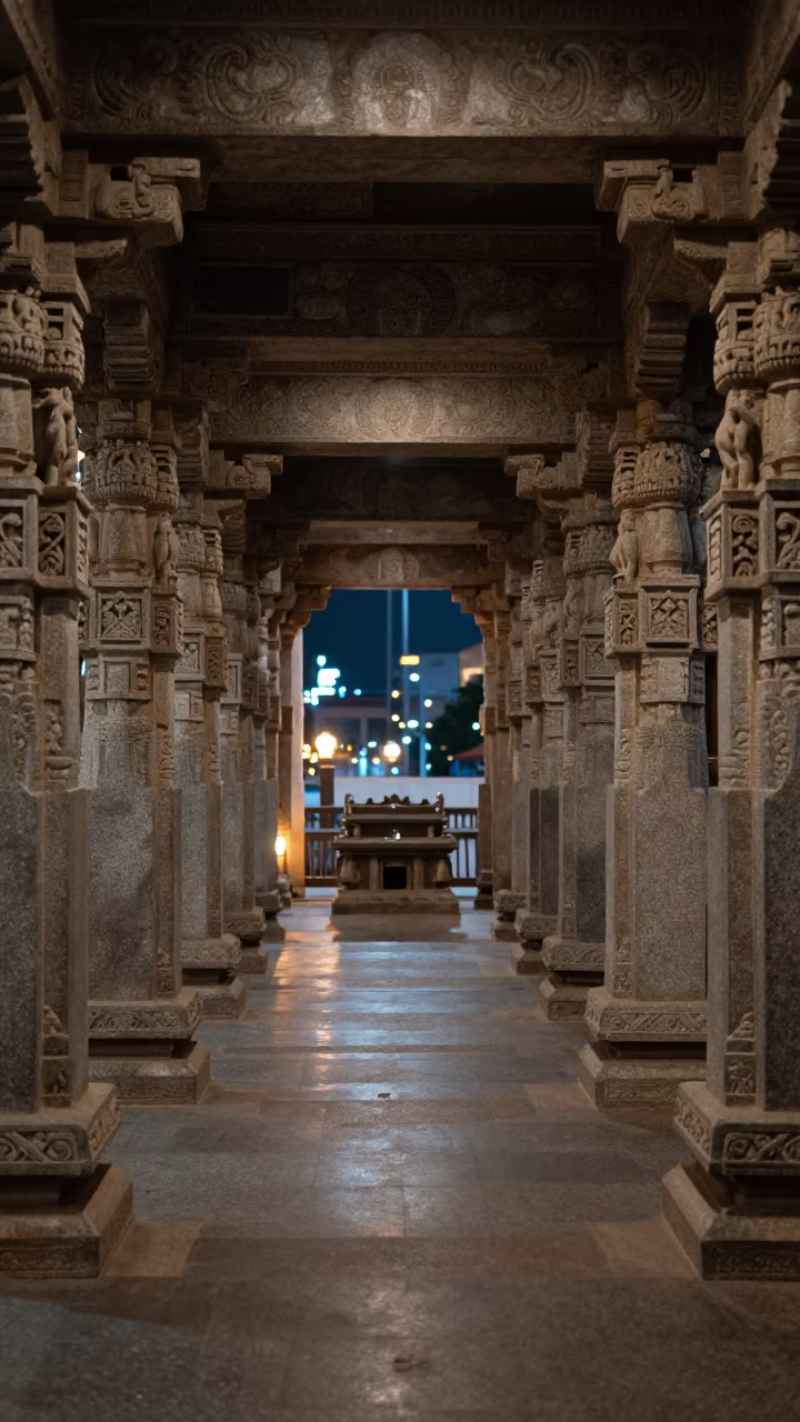 Tamil Nadu Temple Corridor Stone Pillars Taoyuan in at the foot of a stone altar in Taoyuan