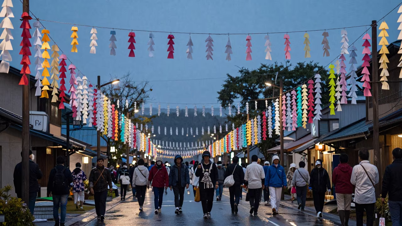 Tanabata Streamers Drizzle Solapur Twilight in at a festival street procession in Solapur