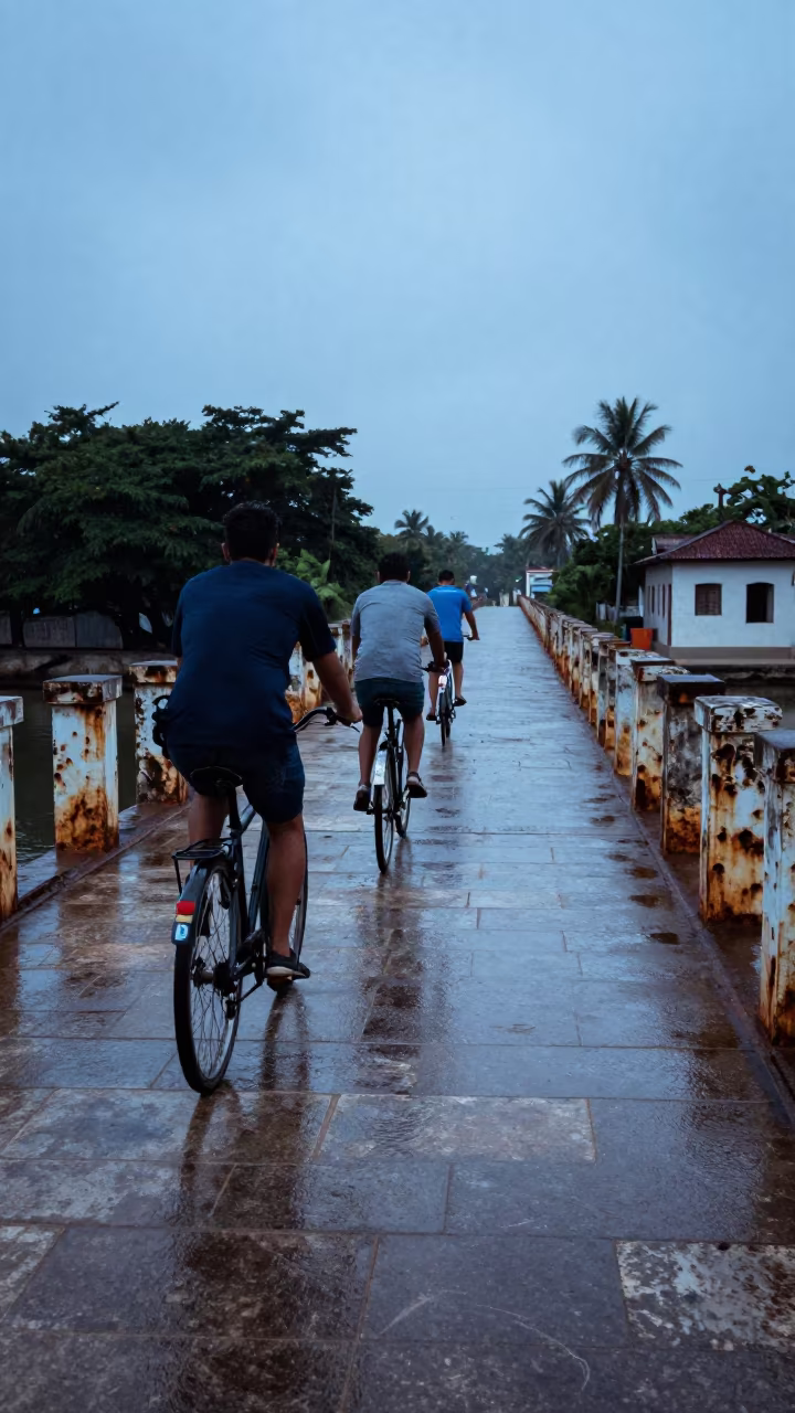 Tandem Bicycle on Cuban Canal Bridge at Predawn in along a switchback approach in Cuba