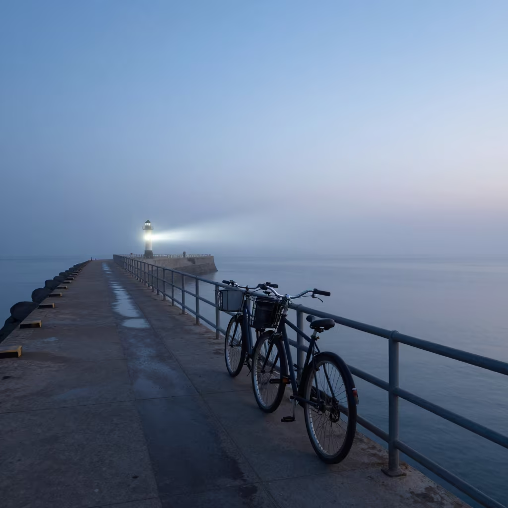 Tandem Bicycle on Senegal Canal Bridge at Dawn in beside a fogbound harbor mouth in Senegal