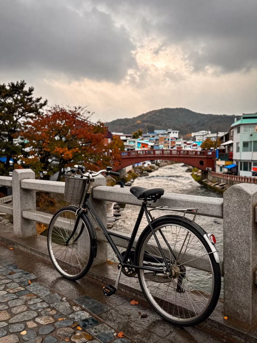 Tandem Bicycle on Stone Bridge Near Busan Canal in near Busan