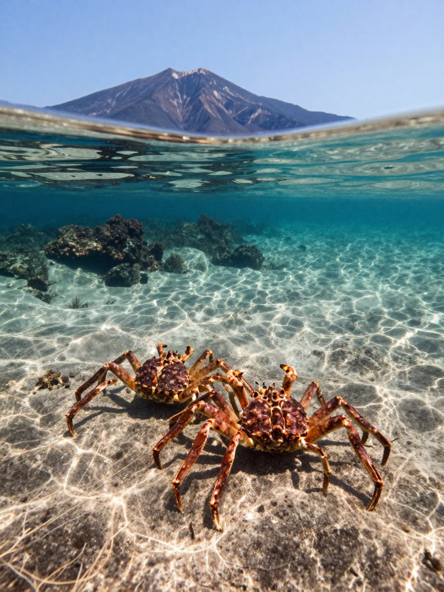 Tandem Horseshoe Crabs on Hokkaido Sandy Floor in beside a volcanic drop-off in Hokkaido