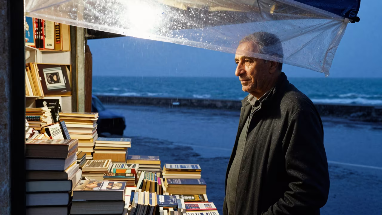 Tangier Bookseller Under Winter Blue Hour Light in in Tangier