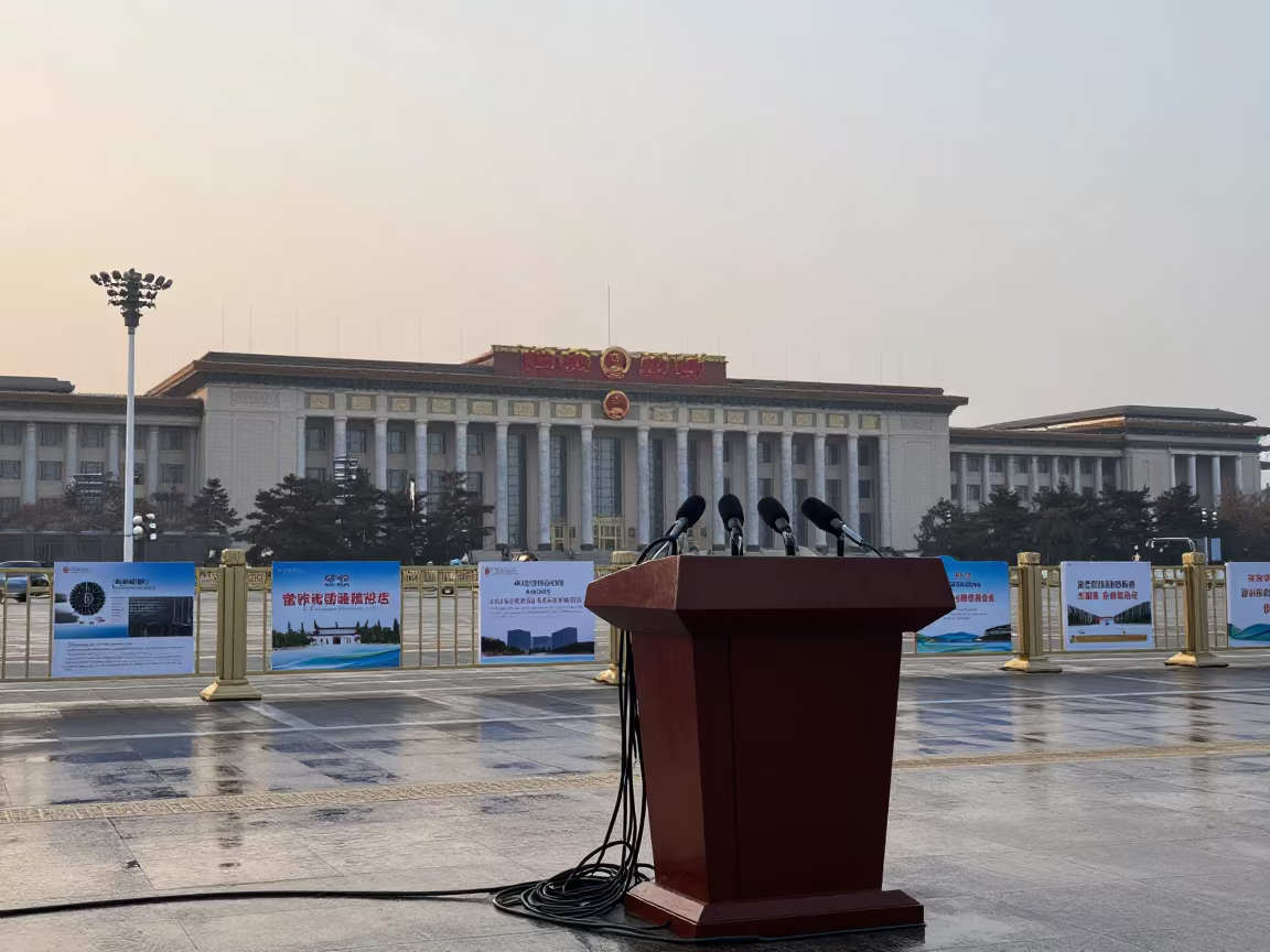 Tangled Cables on Beijing City Hall Podium Before Dawn in beneath government building floodlights near Qianmen, Beijing