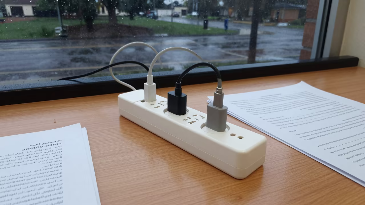 Tangled Chargers on Study Carrel in Al Muharraq in at a seminar table covered in notes in Al-Muharraq