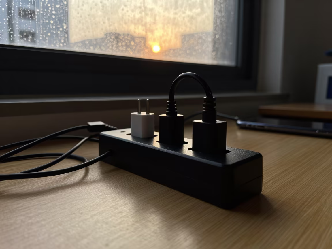 Tangled Chargers on Study Carrel at Golden Hour in inside a quiet classroom near Mandya
