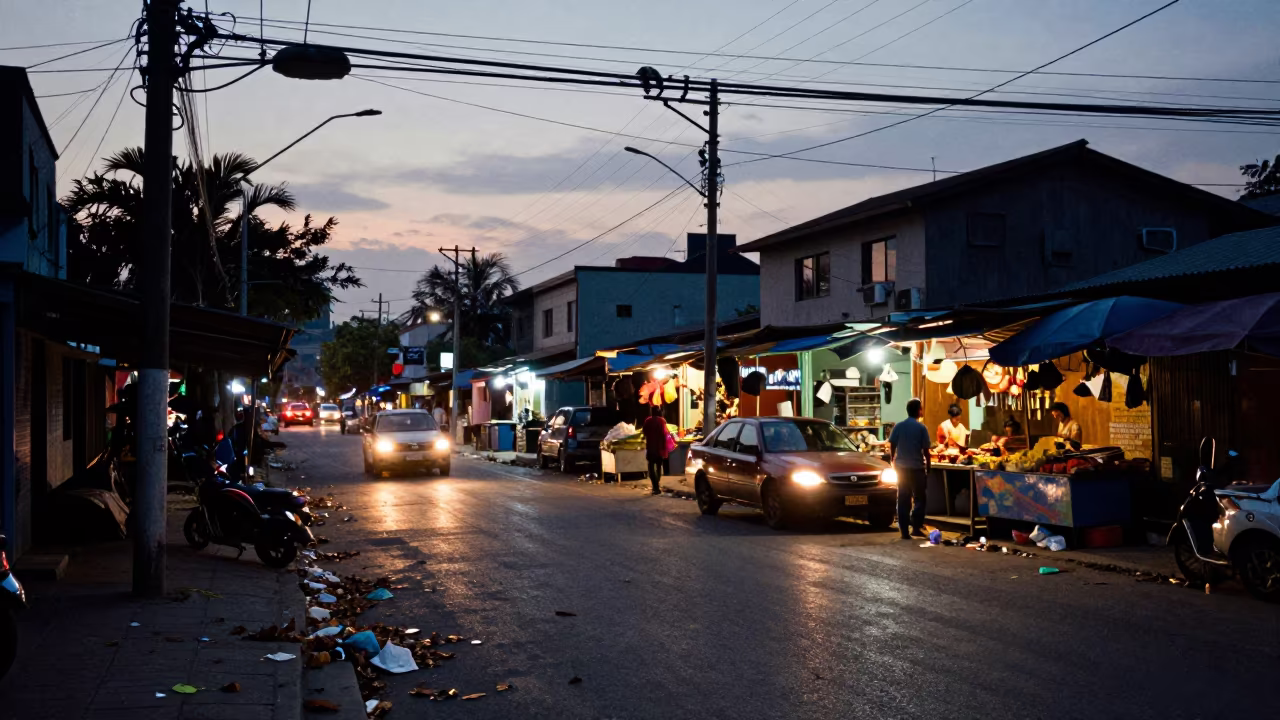 Tangled Power Lines Over Udu Market Street at Twilight in along a market-lined side street in Udu