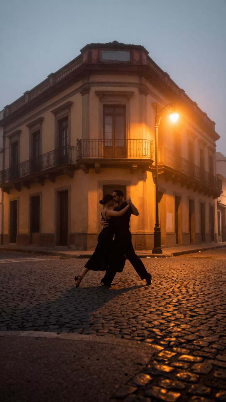 Tango Couple in Buenos Aires Twilight Mist in in the old quarter in Buenos Aires