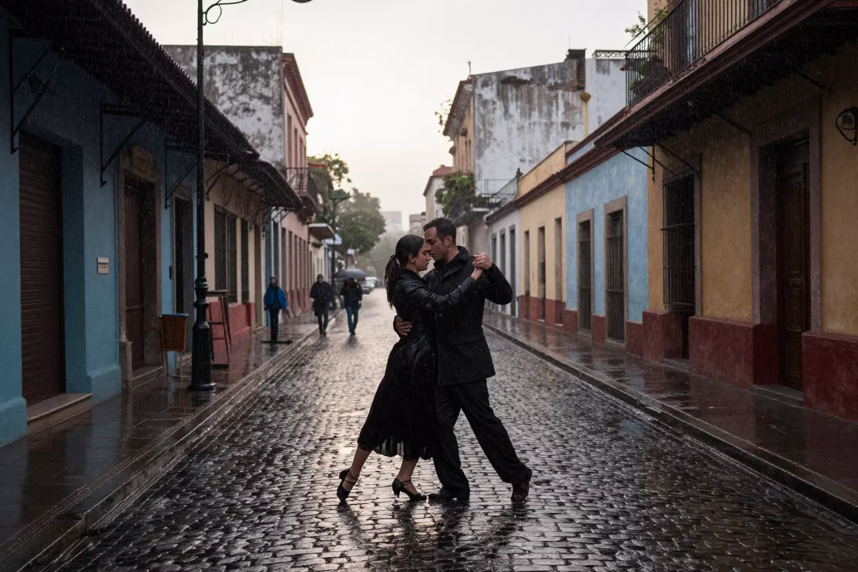 Tango Couple in Rainy San Telmo Street in along a market lane in San Telmo, Buenos Aires