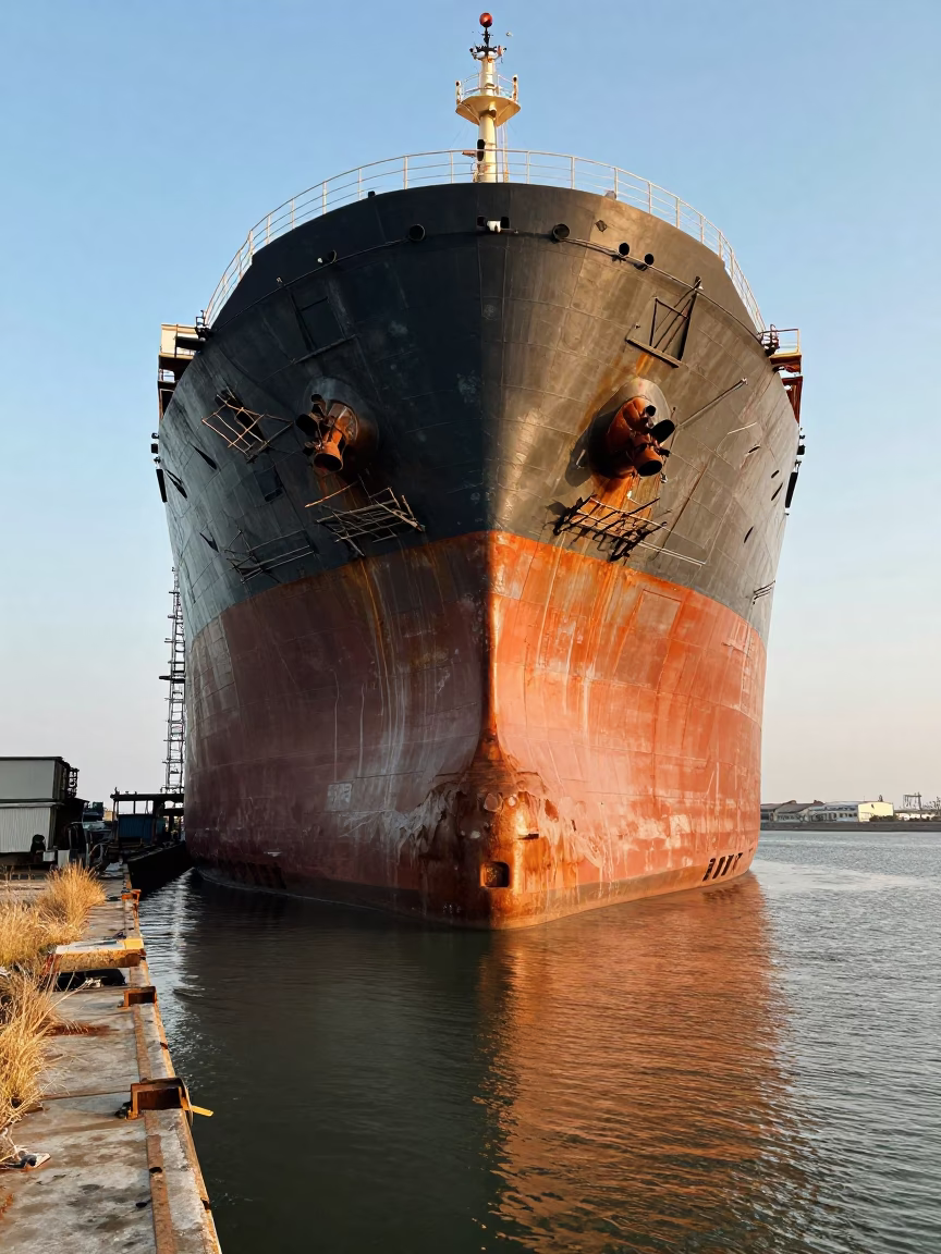 Tanker Hull in Dry Dock Taichung Evening in beside exposed structural steel near Taichung