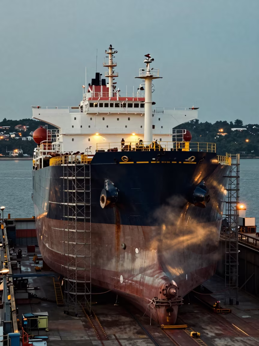 Tanker Hull Scaffolding Late Summer Dry Dock in beside exposed structural steel near Lhasa