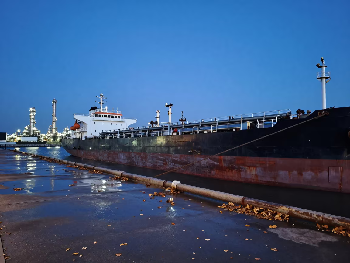 Tanker Ship Docked at Adana Refinery Blue Hour in along a switchback approach near Adana