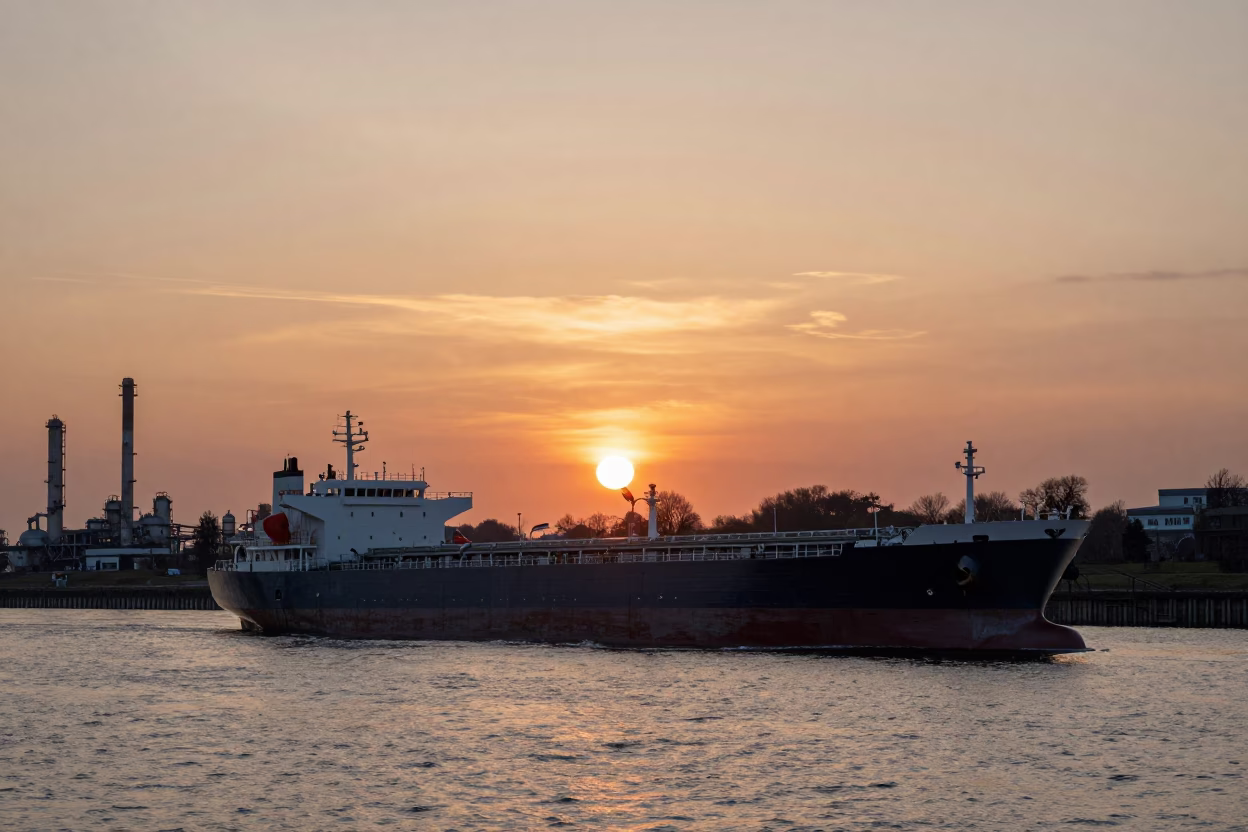 Tanker Ship in Berlin at As The Sun Drops Toward The Horizon in in Berlin, Germany