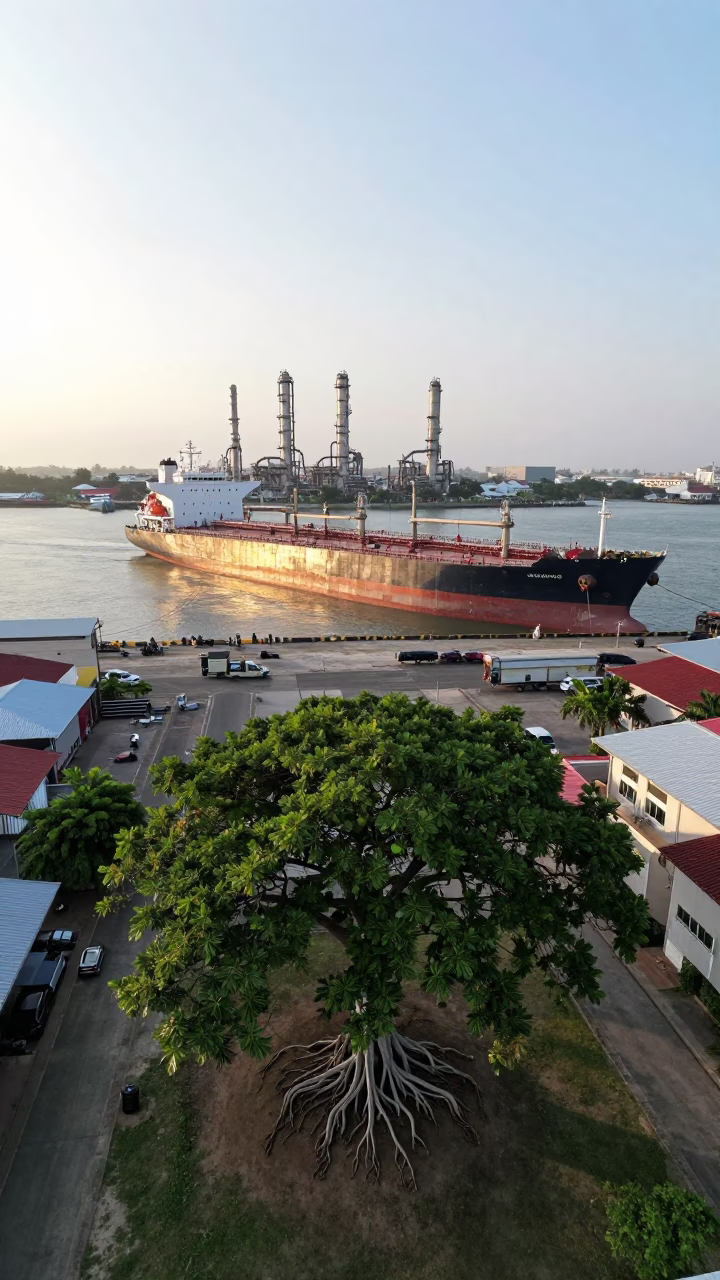 Tanker Ship Refinery Dock And Banyan Tree Aerial Roots in Surabaya in in Surabaya, Indonesia