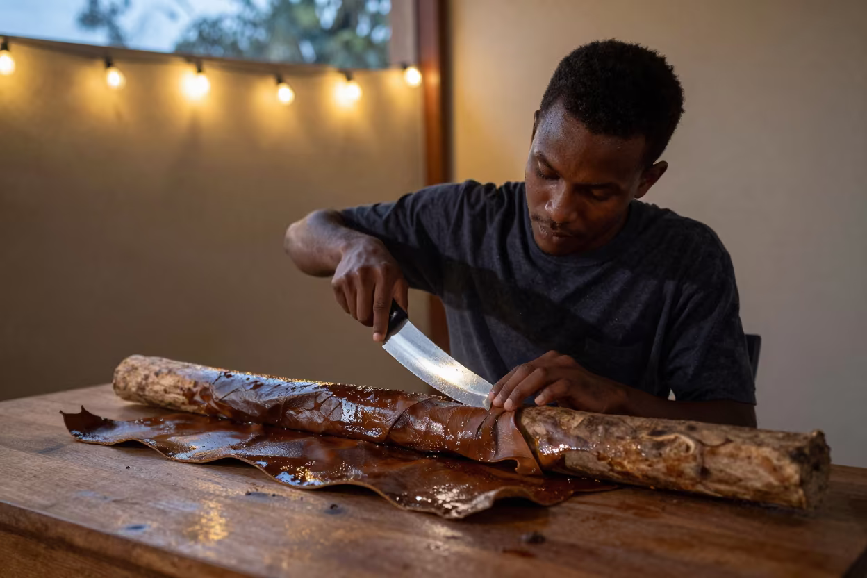 Tanner Scraping Hide on Desk in Walvis Bay in on a writing desk in Walvis Bay