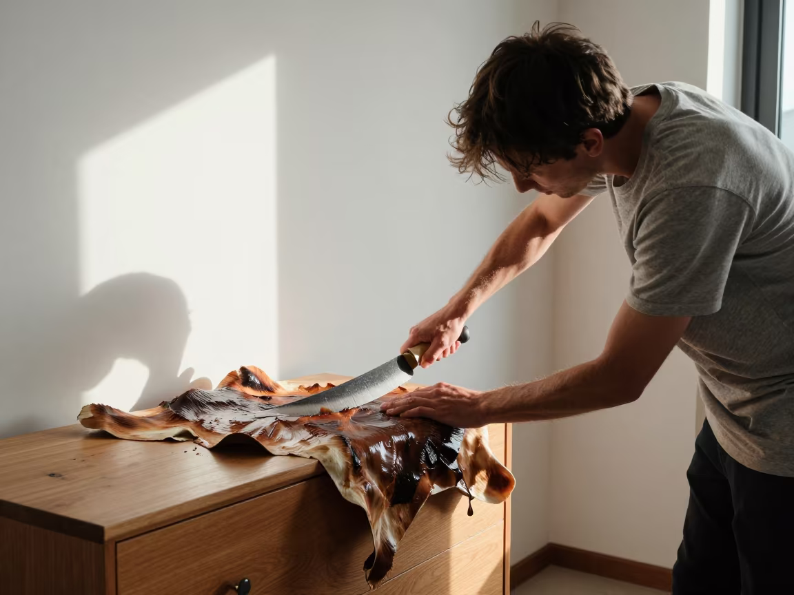 Tanner Scraping Hide on Hotel Dresser Near Verona in on a hotel dresser near Verona