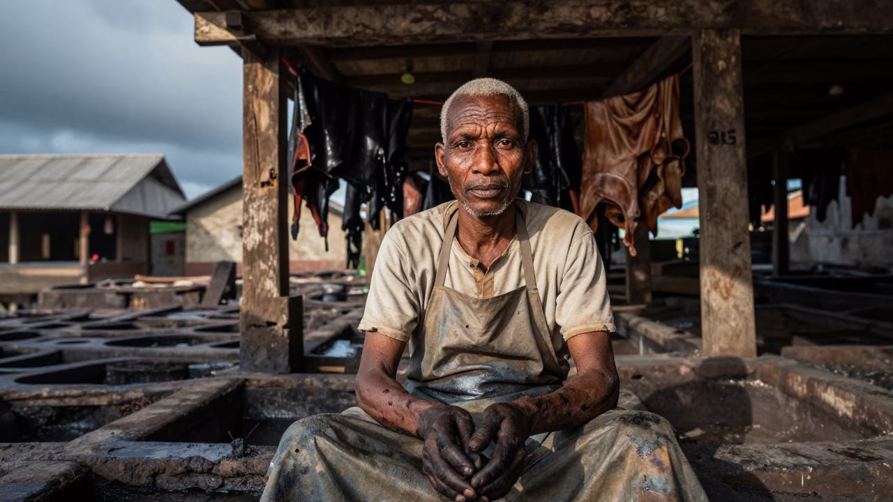 Tannery Worker with Dye-Stained Hands in Lamu in near Lamu