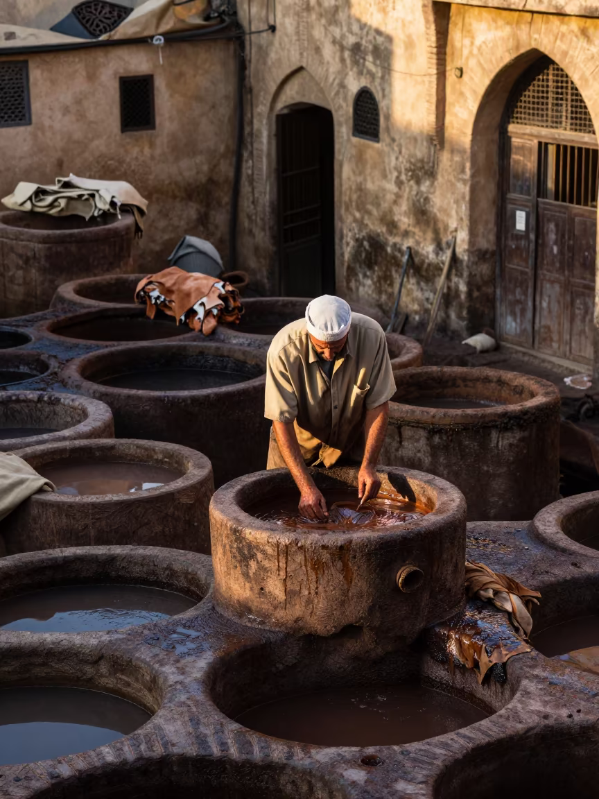 Tannery Worker in Fez Copper Light in in the old quarter in Fez