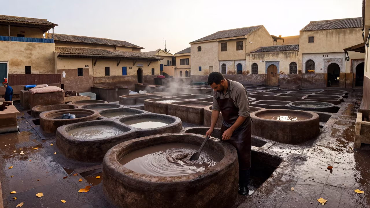Tannery Worker in Fez Late Afternoon in near Ville Nouvelle, Fez