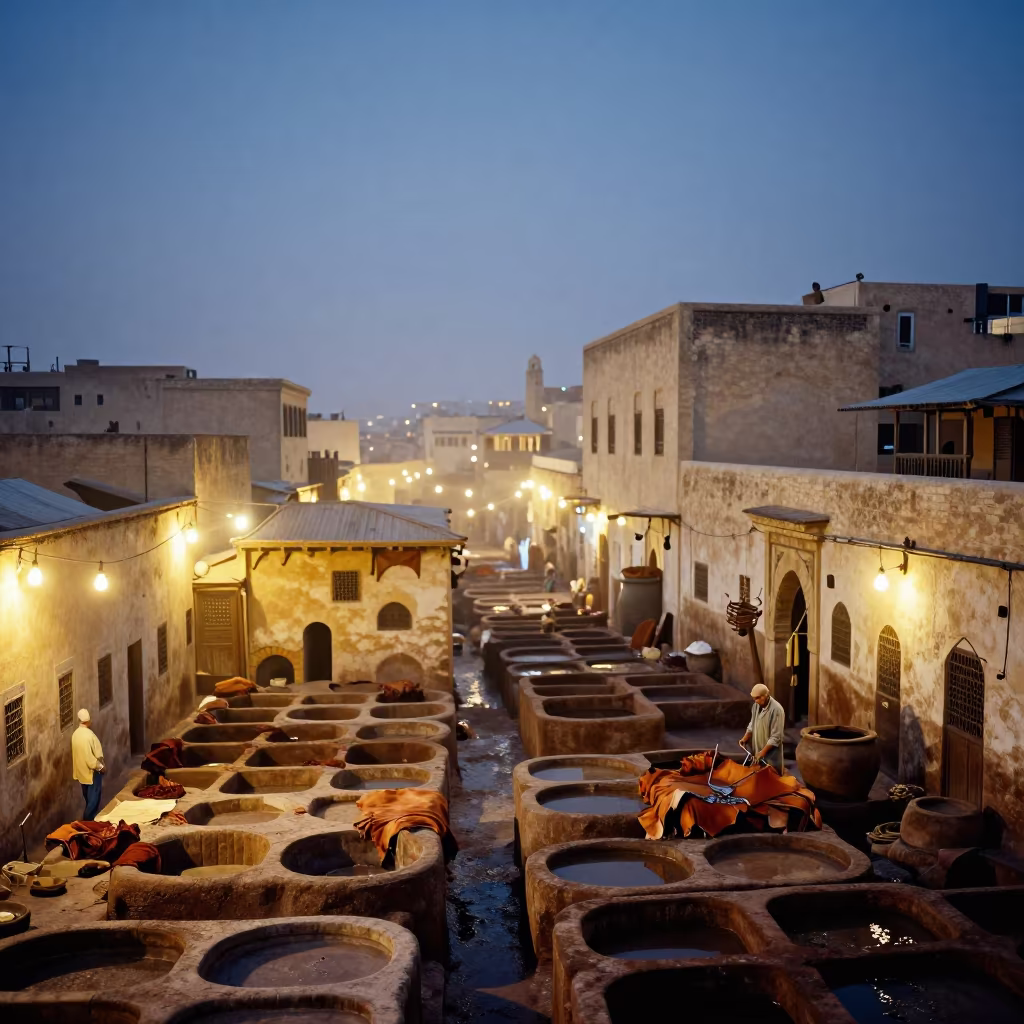 Tannery Worker in Fez Old Quarter Evening in in the old quarter in Fez el-Jdid, Fez