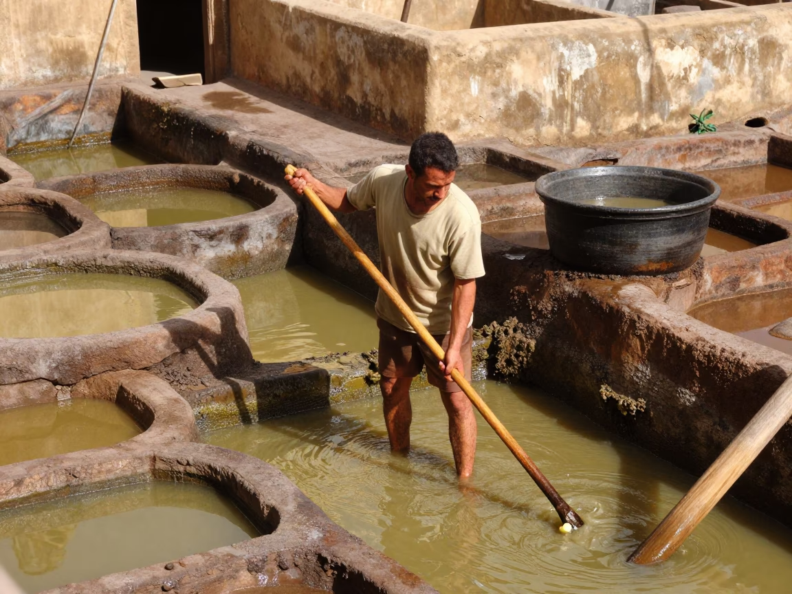 Tannery Worker in Fez in in Fez, Morocco
