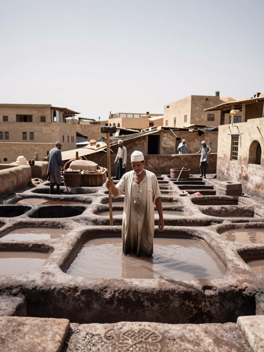 Tannery Workers in Fez at The Flat Glare Of Noon Light in in Fez, Morocco