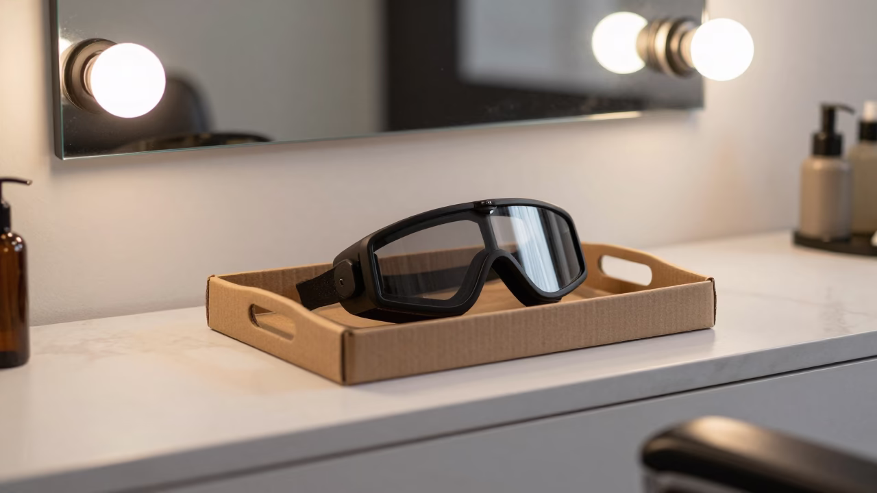 Tanning Goggles Sanitizer Tray at New York Barber in at a barber station beneath mirror bulbs in New York
