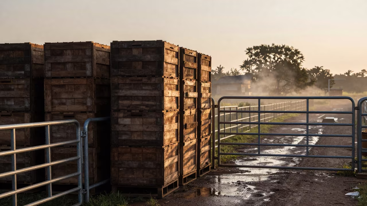 Tanzania Poultry Dock Dawn Stacked Crates in beside a pasture gate in Tanzania