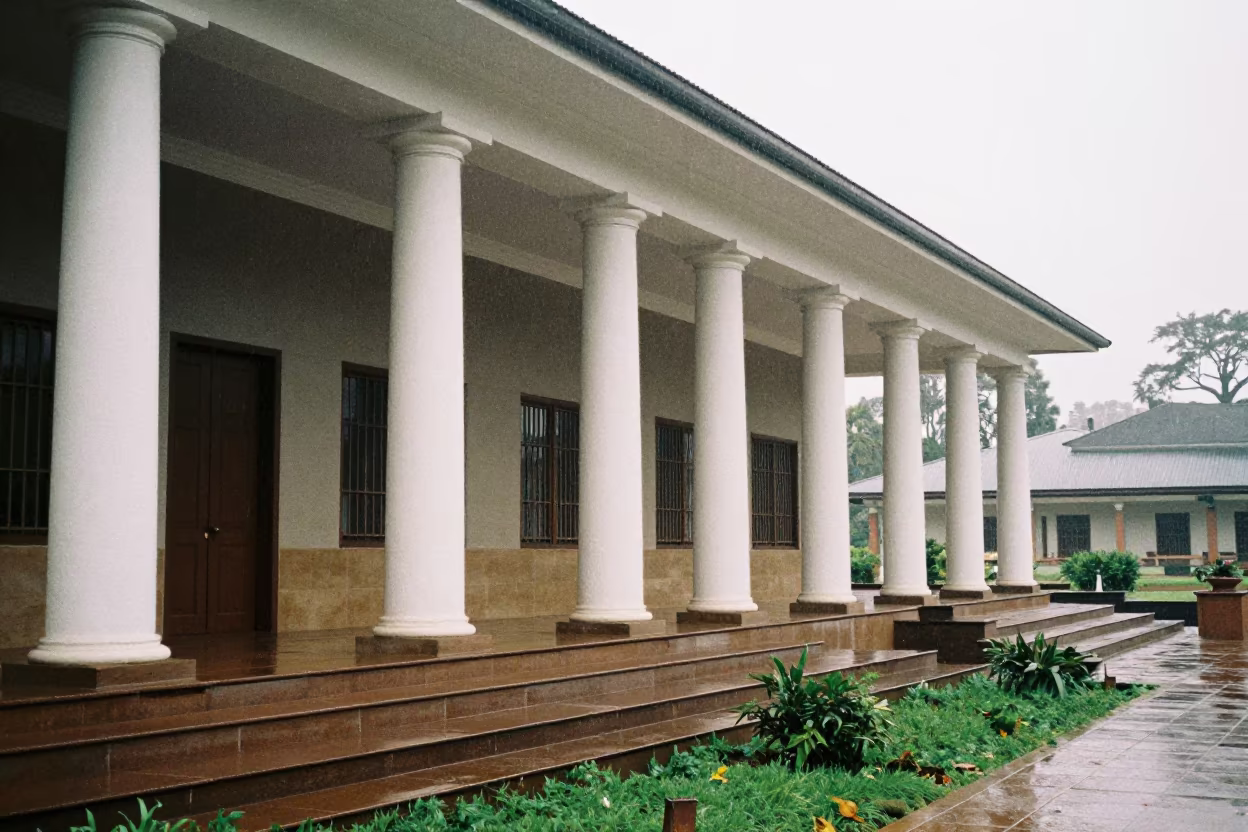 Tanzanian Library Colonnade First Light Wet Season in along a colonnaded facade in Tanzania