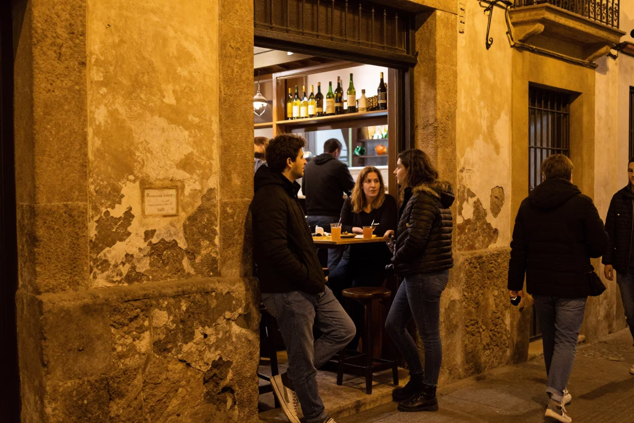 Tapas Scene in Granada at Deep In The Night Light in in Granada, Spain