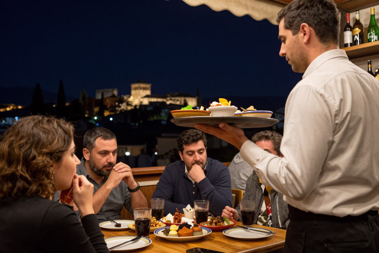Tapas Scene in Granada at The Deepest Night Sky Light in in Granada, Spain