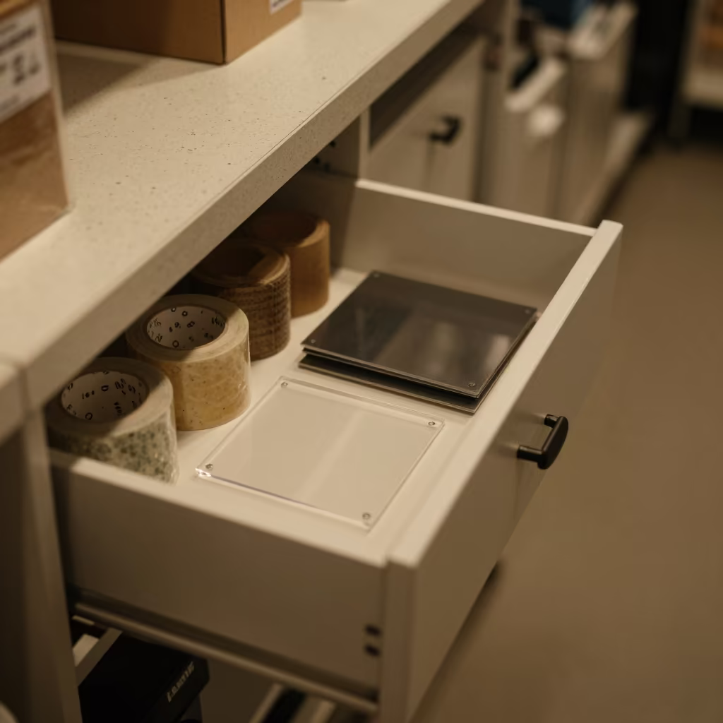 Tape and Acrylic in Predawn Retail Drawer in inside a fitting room corridor near Satna