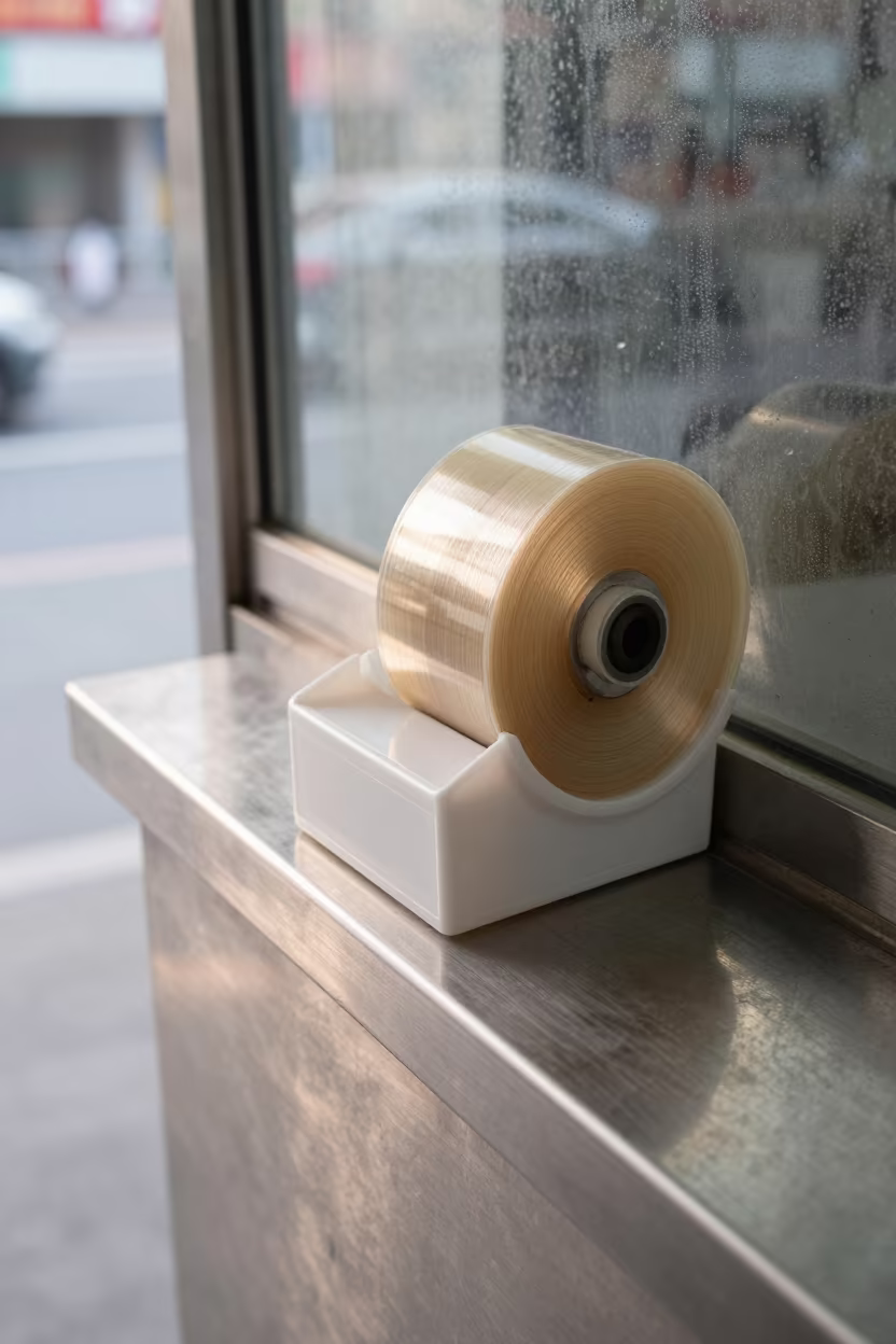 Tape Dispenser Reflections in Chongqing Stockroom Dawn in inside a stockroom behind the sales floor in Chongqing