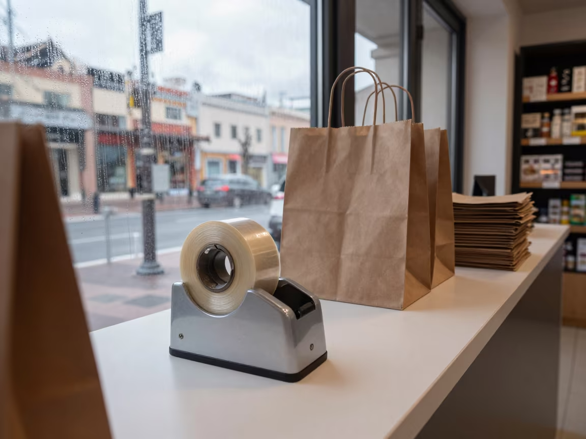 Tape Dispenser Reflections Getafe Retail Counter in at a cash wrap counter with bags stacked nearby near Getafe