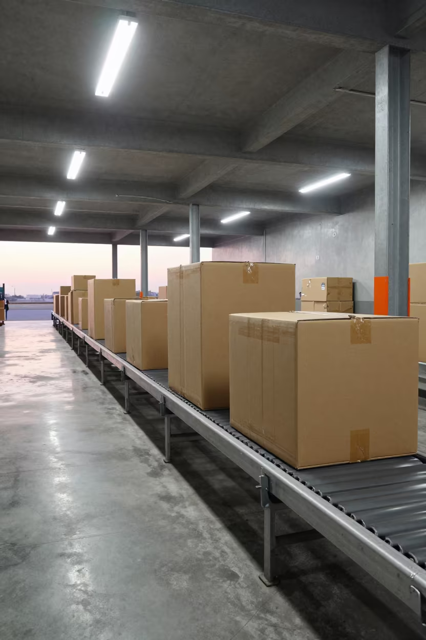 Taped Cases on Conveyor Under Strip Lights in inside a warehouse aisle near Sanaa