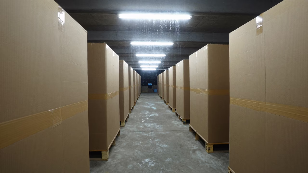 Taped Cases and Rejected Cartons Under Fluorescent Lights in inside a cross-dock lane in Amritsar