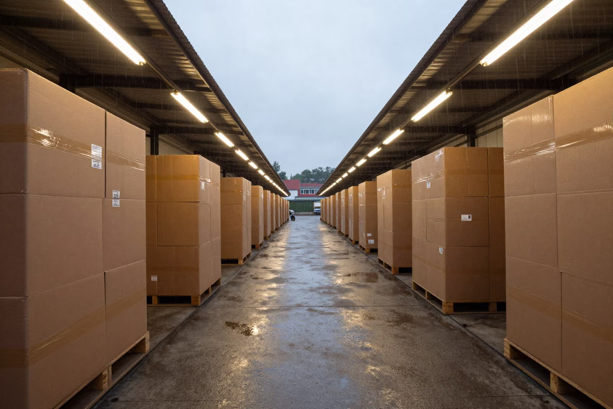 Taped Cases and Rejected Cartons Monsoon Morning in inside a cross-dock lane in George Town