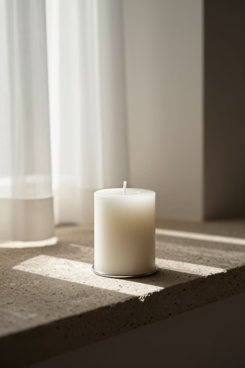 Taper Candle on Stone Ledge Morning Light in on a stone ledge in Worcester