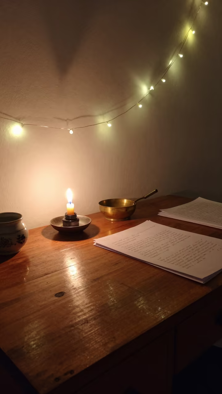 Taper Candle on Worn Desk Near Udaipur Midnight in on a writing desk near Udaipur