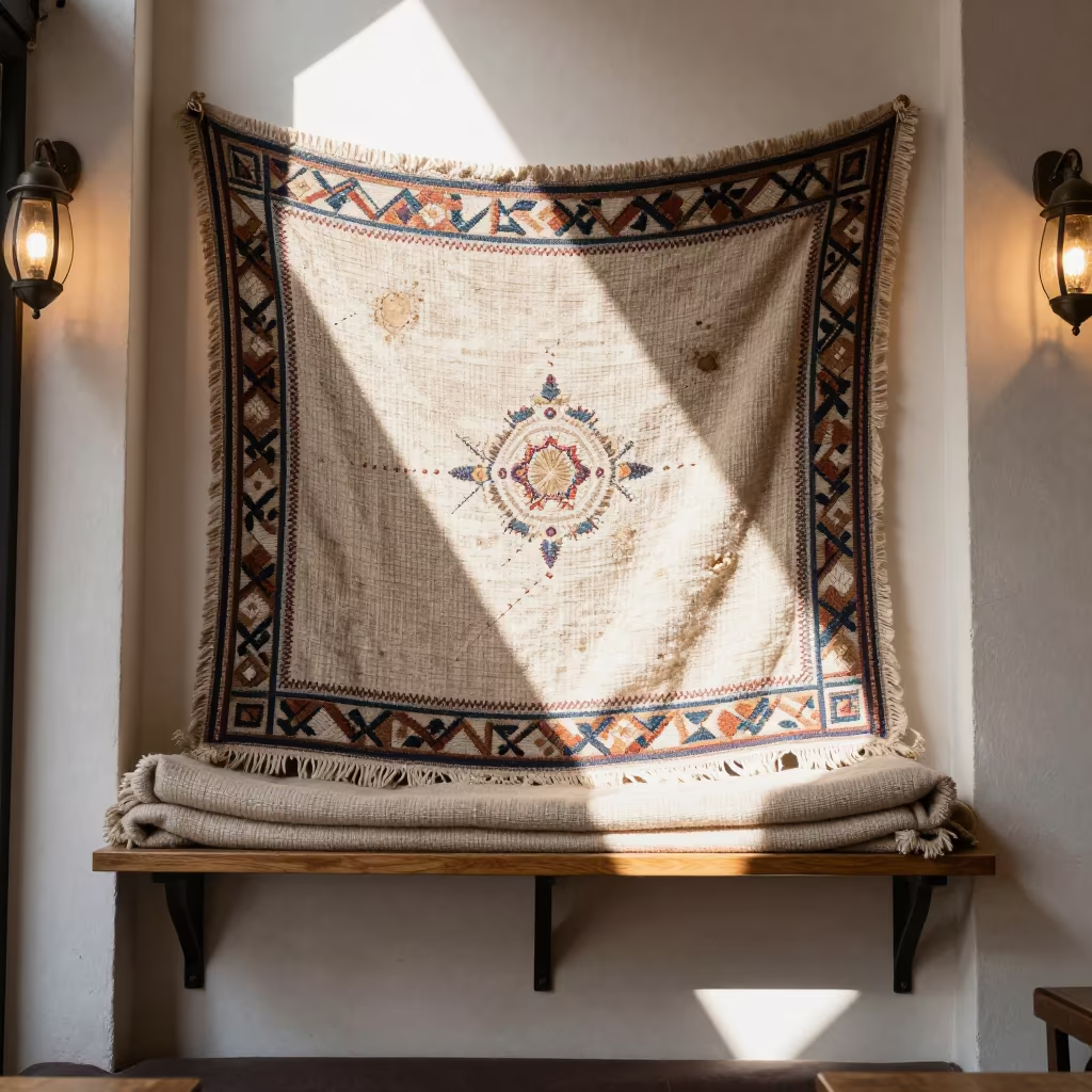 Tapestry on Blanket Shelf Near Cairo Window in on a cafe table by a window near Cairo