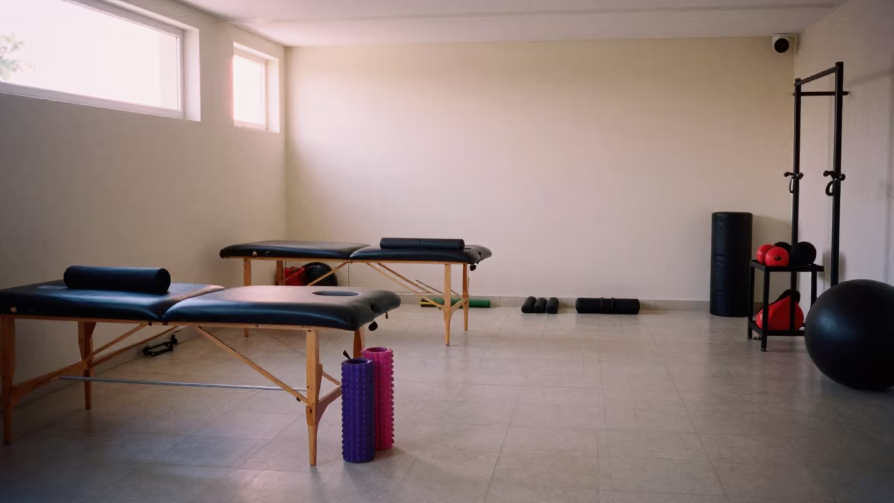 Taping Caddy Before Sunrise in Recovery Lounge in inside a recovery lounge beside foam rollers in Castellón de la Plana