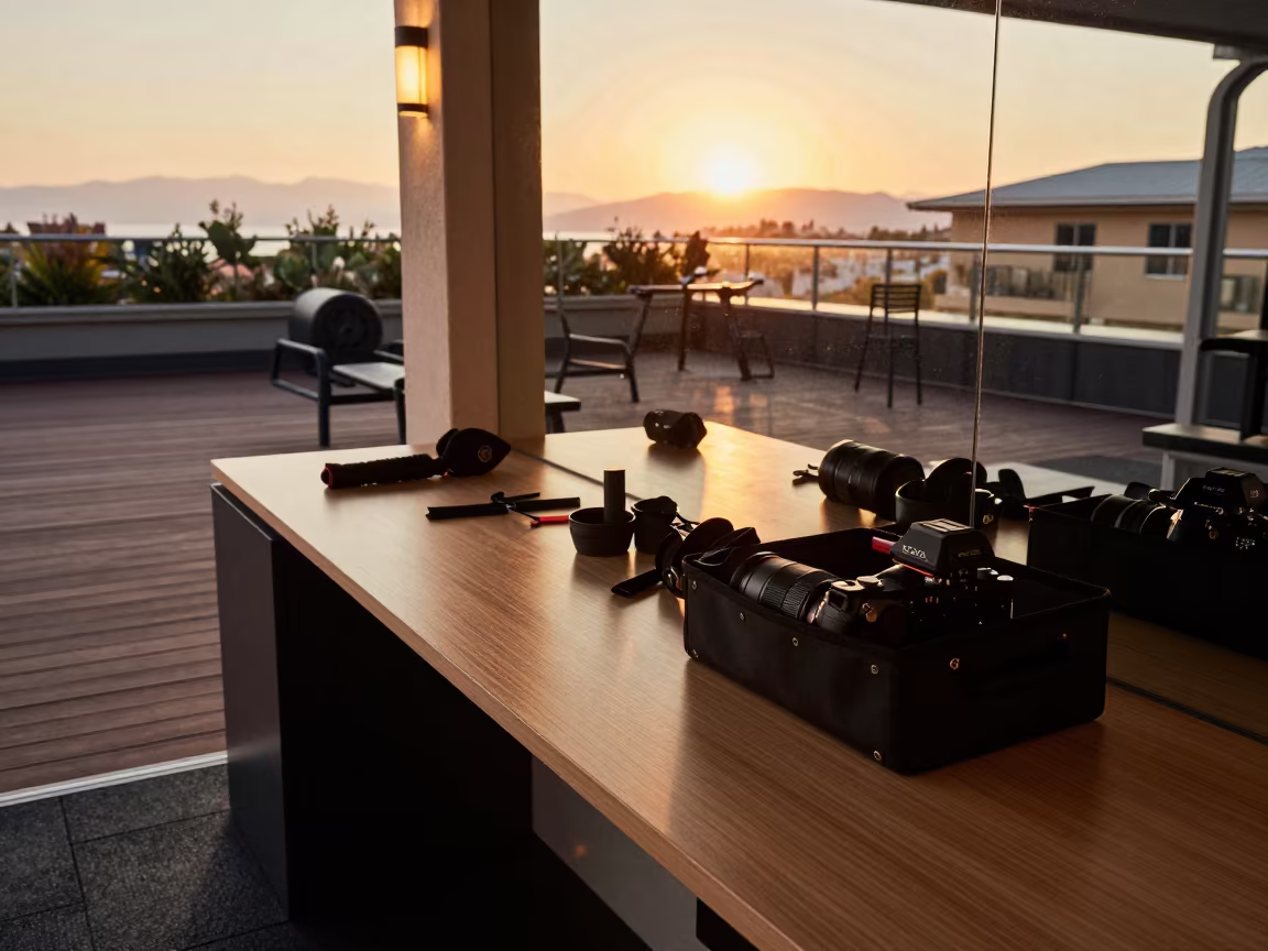 Taping Caddy on Corfu Gym Desk at Golden Hour in at a gym check-in desk near Corfu