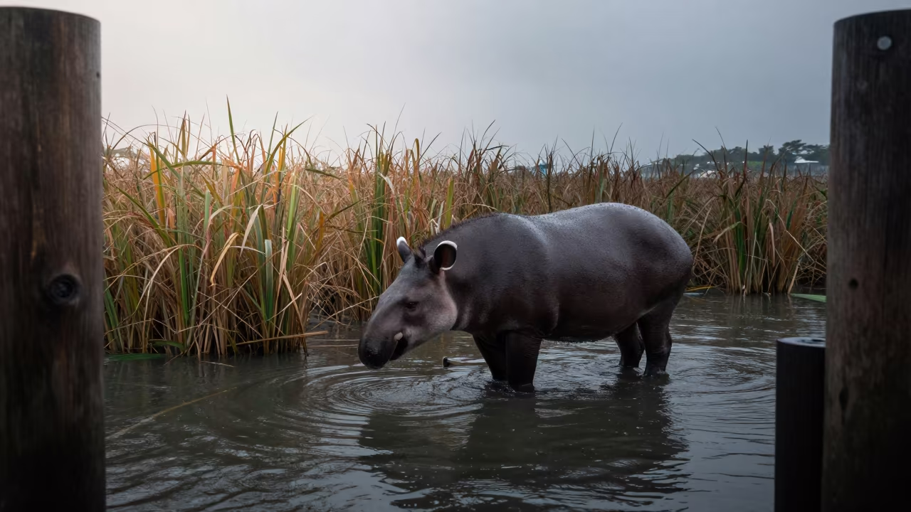 Tapir at Boat Quay River Edge Singapore in at the edge of a reed bed near Boat Quay, Singapore