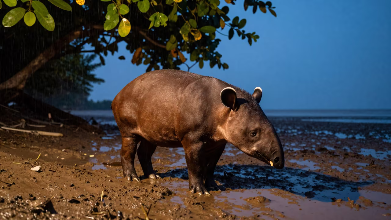 Tapir in Blue Evening Shadow Jakarta River in beside a tidal inlet near Jakarta