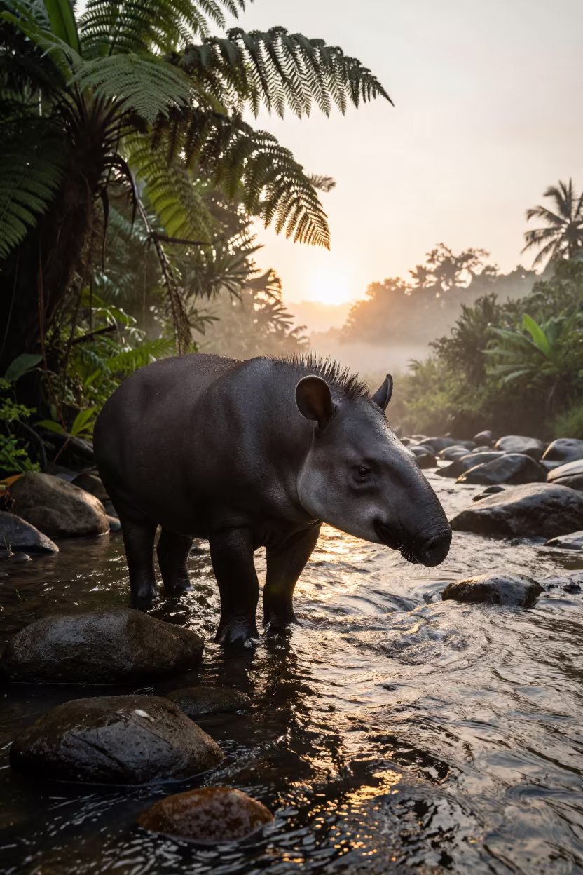 Tapir at Dawn on Bali Jungle River in above a glacial stream in Bali