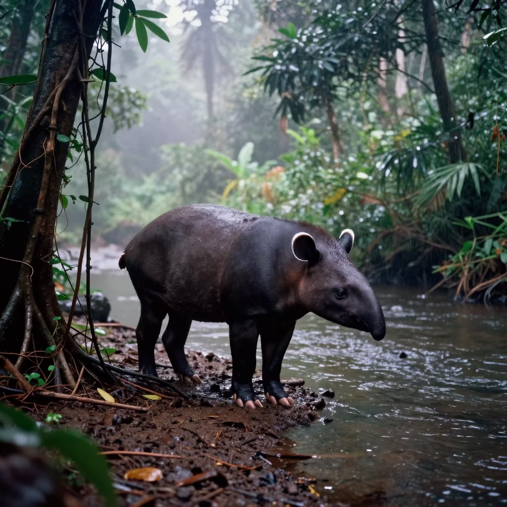 Tapir at Jungle River Dawn in Kuala Lumpur in above a glacial stream near Kuala Lumpur