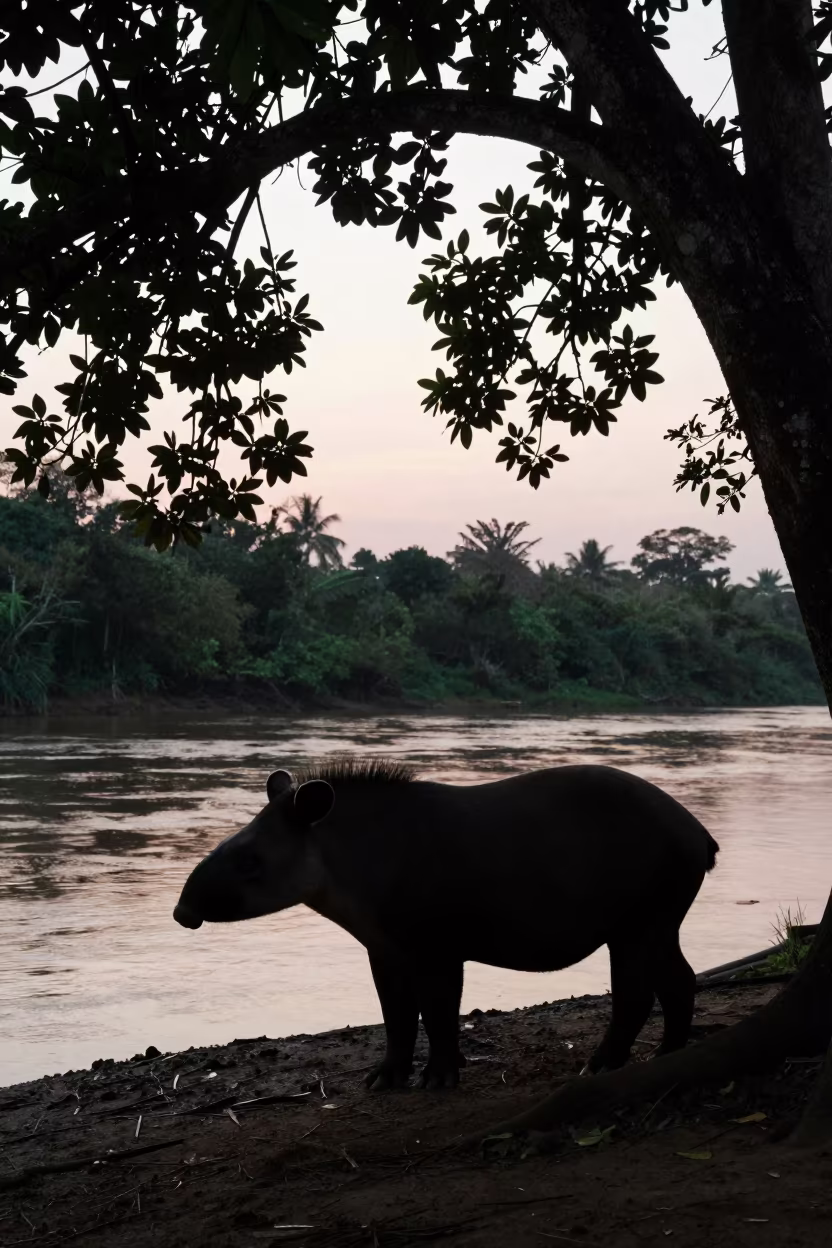 Tapir Silhouette at Twilight Jungle River in along a game trail near District 1, Ho Chi Minh City